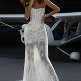 High-End Lace Sheer Paneled Corset Strapless Party Dress