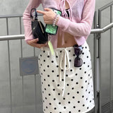 Vintage Satin Polka Dot Drawstring Midi Skirt