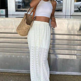 Solid Cutout Embroidered Elastic Waist Pants