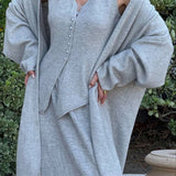 Vintage Gray Knit Jacket Vest & Maxi Skirt Three Piece Set
