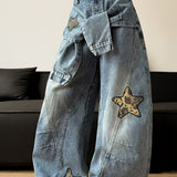 Leopard Print Patchwork Tie Loose Wide Leg Retro Jeans