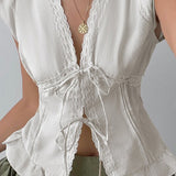 Lace Paneled Ruched Puff Sleeve Tie Blouse