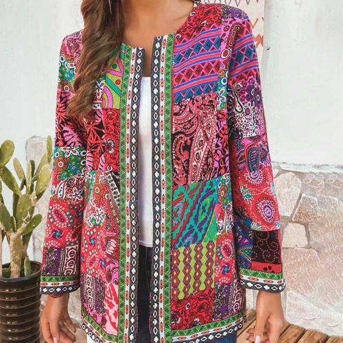 Ethnic Floral Print Long Sleeve Loose Jacket Coat Loose Outerwear Chic Cardigan