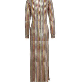 Boho Collared V Neck Split Wavy Striped Crochet Beach Vacation Maxi Dress - Brown