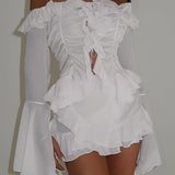 Stylish Off Shoulder Long Sleeve Ruffle Skirt Set