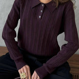 Jacquard Polo Collar Long Sleeve Loose Blouse
