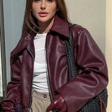Burgundy Lapel Zip Leather Jacket