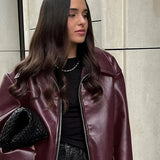 Burgundy Lapel Zip Leather Jacket