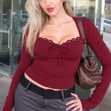 Lace Trimmed Slim Fit Bodysuit Knit Top