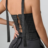 Stripe Lace Trim Backless Corset Crop Top