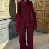 Relaxed Fit V Neck Ribbed Sweater with Pants Two Piece Pants Set