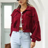 Corduroy Cropped Lantern Sleeve Jacket