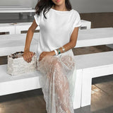 Sexy Sheer Brocade Lace White Jacquard Maxi Skirt