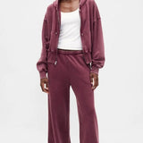 Retro Solid Hooded Zipper Loose Two Piece Set