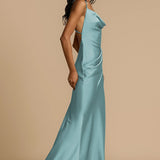 Solid Color Draped Collar Backless Evening Dress