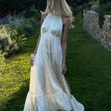 Polka Dot Backless Satin Maxi Dress