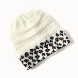 Warm Leopard Print Cable Knit Beanie Hat