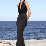 V-Neck Halter Lace Backless Fishtail Party Dress