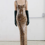 Leopard Sequin Sheer Cape Spaghetti Strap Backless Prom Dress