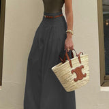 Solid Ruched High-Waisted Wide-Leg Pants