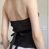 Polka Dot Satin Bow Tie Backless Halter Crop Top