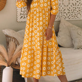 Yellow Flower Print Bracelet Sleeve Buttons Collared Maxi Dress