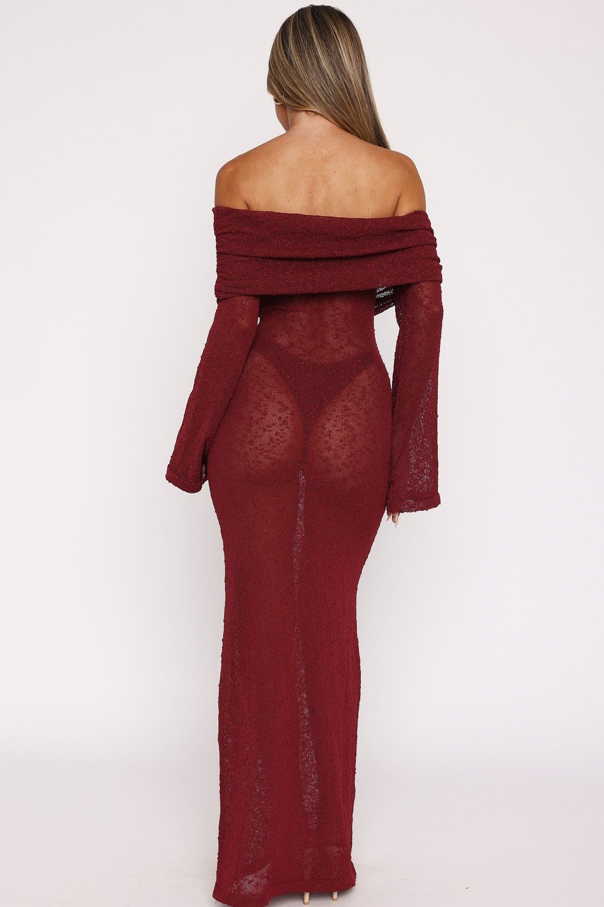 Made It Out Long Sleeve Boucle Maxi Dress Burgundy