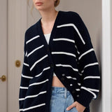 Striped V Neck Cotton Cardigan Sweater