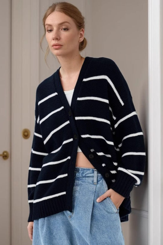 Striped V Neck Cotton Cardigan Sweater