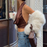 Polka Dot Color Block Backless Halter Crop Top