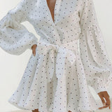 Polka Dot Lantern Sleeve Tie Mini Dress