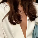 White Deep V-neck Blazer Pants Office Two Piece Set