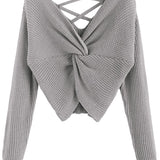 Women's V-Neck Criss Cross Twisted Back Pullover Knitted Crop Sweater