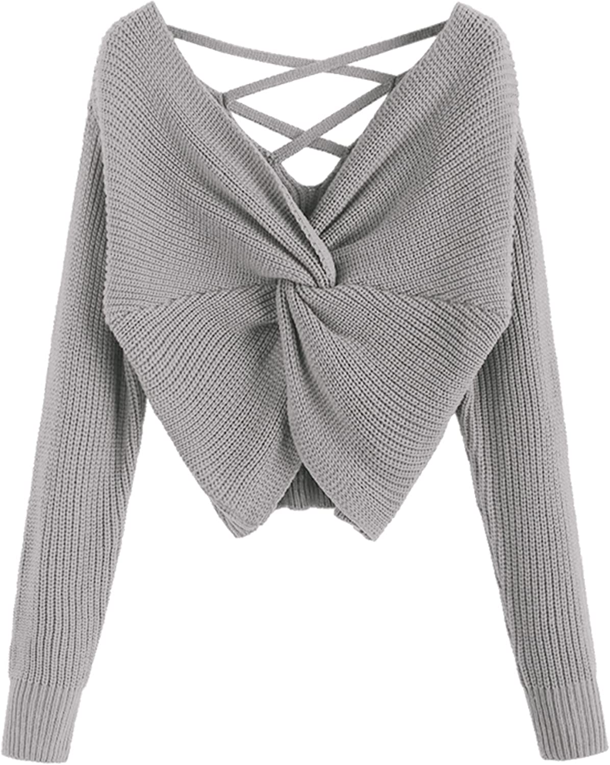 Women's V-Neck Criss Cross Twisted Back Pullover Knitted Crop Sweater