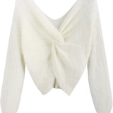 Women's V-Neck Criss Cross Twisted Back Pullover Knitted Crop Sweater