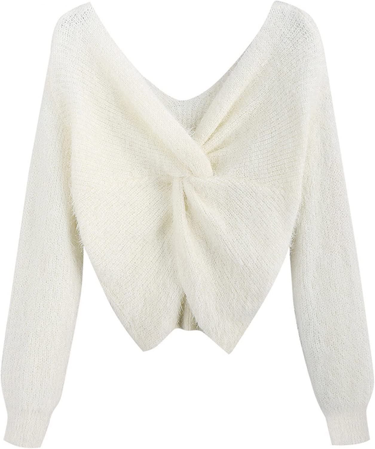 Women's V-Neck Criss Cross Twisted Back Pullover Knitted Crop Sweater