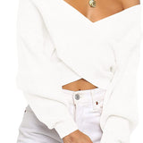 Women's Long Sleeve Wrap Casual Off Shoulder Crop Knitted Pullover Sweater