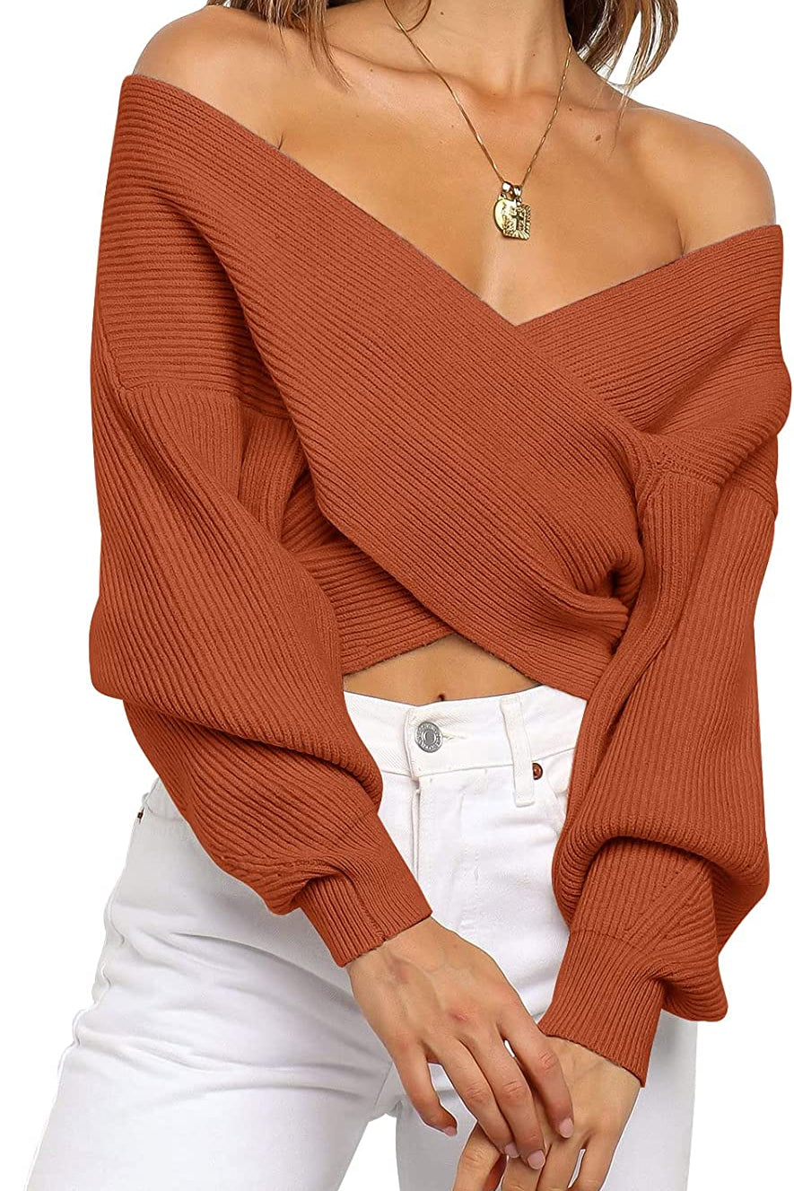 Women's Long Sleeve Wrap Casual Off Shoulder Crop Knitted Pullover Sweater