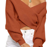 Women's Long Sleeve Wrap Casual Off Shoulder Crop Knitted Pullover Sweater