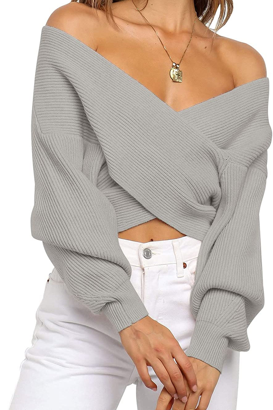 Women's Long Sleeve Wrap Casual Off Shoulder Crop Knitted Pullover Sweater