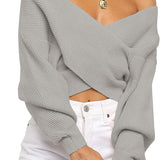 Women's Long Sleeve Wrap Casual Off Shoulder Crop Knitted Pullover Sweater