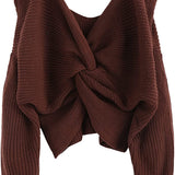 Women's V-Neck Criss Cross Twisted Back Pullover Knitted Crop Sweater