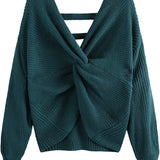 Women's V-Neck Criss Cross Twisted Back Pullover Knitted Crop Sweater