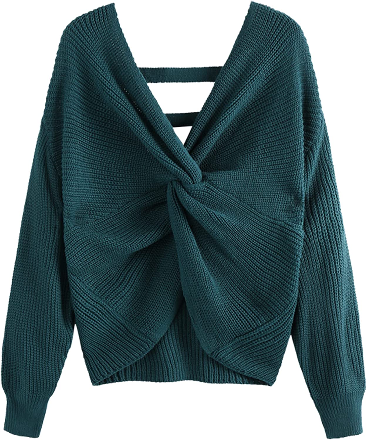 Women's V-Neck Criss Cross Twisted Back Pullover Knitted Crop Sweater