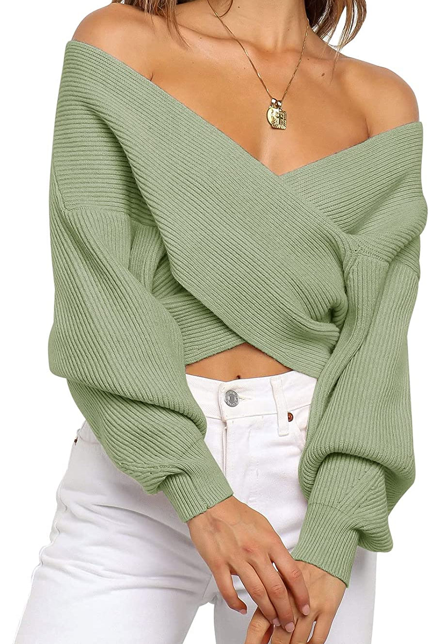 Women's Long Sleeve Wrap Casual Off Shoulder Crop Knitted Pullover Sweater