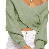 Women's Long Sleeve Wrap Casual Off Shoulder Crop Knitted Pullover Sweater