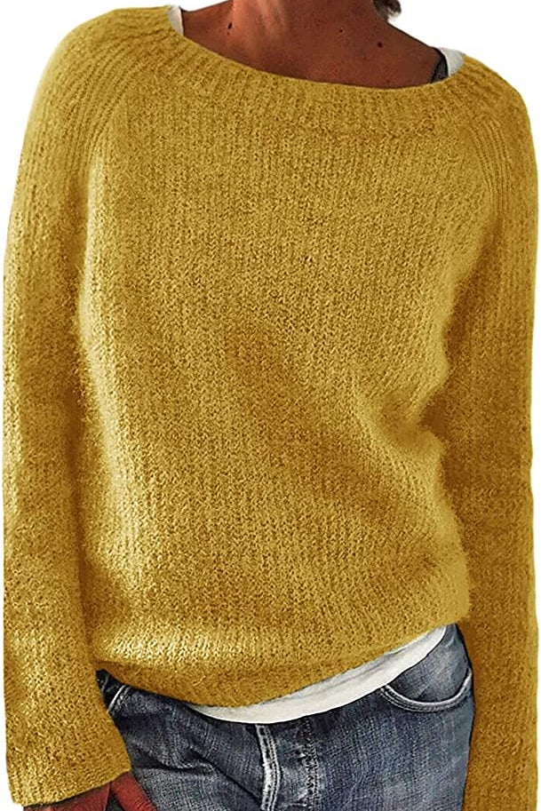 Women Loose Casual Pullover Knit Sweater Boat Neck Long Sleeve Winter Keep Warm Sweater Tops