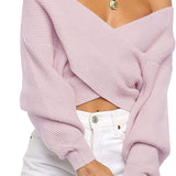 Women's Long Sleeve Wrap Casual Off Shoulder Crop Knitted Pullover Sweater