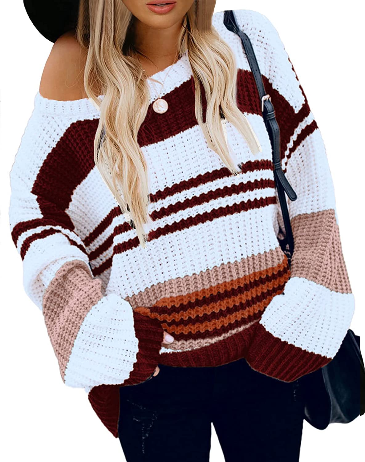 Women’s Stripe Color Block Short Long Sleeve Stitching Sweater