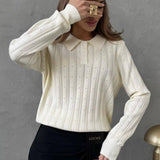 Jacquard Polo Collar Long Sleeve Loose Blouse